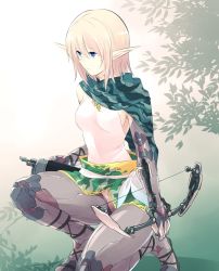 Rule 34 | 1girl, absurdres, blonde hair, blue eyes, bow (weapon), breasts, commentary request, crossbow, cyborg, elf, expressionless, fantasy, highres, ishiyumi, kneeling, long pointy ears, mechanical arms, mechanical legs, mechanical parts, on one knee, original, pointy ears, prosthesis, prosthetic arm, prosthetic leg, quiver, sandals, scarf, science fiction, sideboob, solo, weapon