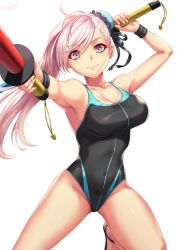 Rule 34 | 1girl, antenna hair, armpits, asymmetrical hair, bare shoulders, black one-piece swimsuit, black ribbon, blue eyes, blue one-piece swimsuit, blush, breasts, bun cover, cleavage, closed mouth, competition swimsuit, covered navel, cowboy shot, fate/grand order, fate (series), fingernails, foreshortening, hair between eyes, hair bun, hair ribbon, highleg, highleg swimsuit, highres, large breasts, legs apart, long fingernails, long hair, looking at viewer, miyamoto musashi (fate), miyamoto musashi (fate/grand order), miyamoto musashi (swimsuit berserker) (fate), miyamoto musashi (swimsuit berserker) (first ascension) (fate), one-piece swimsuit, pink hair, ribbon, sakiyamama, simple background, single side bun, smile, solo, standing, standing on one leg, swept bangs, swimsuit, thighs, toy sword, two-tone swimsuit, white background, wristband