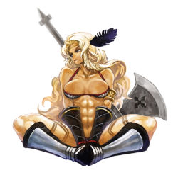 Rule 34 | 1girl, abs, amazon (dragon&#039;s crown), armlet, armor, axe, bad id, bad pixiv id, bikini, bikini armor, blonde hair, boots, breasts, circlet, dragon&#039;s crown, feathers, gloves, green eyes, halberd, lack, large breasts, long hair, muscular, muscular female, panties, polearm, sitting, solo, swimsuit, tattoo, thick thighs, thighs, thong, thong bikini, underwear, vanillaware, weapon