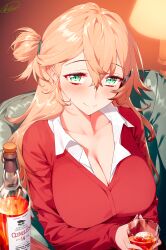 Rule 34 | 1girl, alcohol, armchair, blew andwhite, blonde hair, blush, breasts, chair, cleavage, closed mouth, collared shirt, commentary request, cup, glass, glass bottle, green eyes, hair between eyes, hair bun, hair ornament, hairclip, highres, holding, holding cup, large breasts, long hair, long sleeves, looking at viewer, original, red sweater, shirt, signature, single side bun, sitting, smile, solo, sweater, whiskey, white shirt