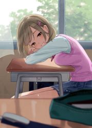 Rule 34 | 1girl, akira tooru, bag, blue skirt, blurry, blurry background, blurry foreground, blush, breasts, brown eyes, brown hair, classroom, crossed arms, curtains, depth of field, desk, grin, hair ornament, half-closed eyes, highres, indoors, leaning forward, light particles, long sleeves, looking at viewer, medium breasts, miniskirt, original, pink sweater, pleated skirt, pov, school bag, school desk, school uniform, short hair, sitting, skirt, smile, solo, striped, sweater, sweater vest, swept bangs, teeth, uniform, window, x hair ornament