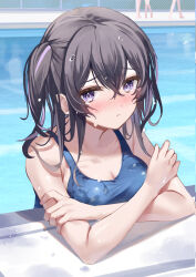 Rule 34 | 1girl, :&lt;, black hair, blue one-piece swimsuit, blush, breasts, chain-link fence, chiro (norishiro michiro), cleavage, closed mouth, collarbone, crossed arms, crossed bangs, day, fence, hair between eyes, highres, large breasts, long hair, looking at viewer, multicolored hair, nose blush, one-piece swimsuit, one side up, original, outdoors, partially submerged, people, pool, purple eyes, raised eyebrows, school swimsuit, sidelocks, solo focus, streaked hair, swimsuit, tearing up, water, wet, wet clothes, wet hair