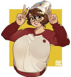 Rule 34 | 1girl, :d, artist name, beanie, blush, border, breasts, brown hair, brown sweater, commentary, dated, double v, english commentary, glasses, grey hat, hat, large breasts, open mouth, original, outside border, raglan sleeves, short hair, sleeves past wrists, smile, snowcie, snowciel, solo, sweater, upper body, v, white border, yellow background