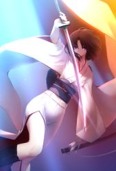 Rule 34 | 1girl, bad id, bad twitter id, black footwear, blue eyes, boots, breasts, brown hair, closed mouth, collarbone, fighting stance, hair between eyes, highres, holding, holding weapon, japanese clothes, kara no kyoukai, katana, kimono, knee boots, legs, long sleeves, medium breasts, okakasushi, patterned clothing, ryougi shiki, short hair, solo, sword, thighs, weapon, white kimono