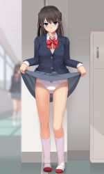 Rule 34 | 2girls, artistic error, black hair, black jacket, blazer, blue eyes, blurry, blurry background, blush, bow, bow panties, bowtie, buttons, clothes lift, collared shirt, day, depth of field, eto, full body, grey skirt, groin, hallway, highres, indoors, jacket, kneehighs, lifting own clothes, light smile, long sleeves, looking at viewer, miniskirt, multiple girls, original, panties, pink bow, pleated skirt, school uniform, shirt, shoes, skirt, skirt lift, socks, solo focus, standing, striped bow, striped bowtie, striped clothes, striped neckwear, sweater vest, two side up, underwear, uwabaki, white panties, white shirt, white socks, window, wing collar