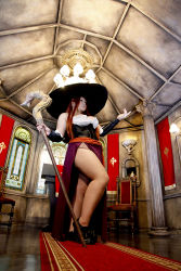 Rule 34 | 1girl, asian, breasts, chouzuki maryou, cosplay, dragon&#039;s crown, hat, highres, hip focus, large breasts, photo (medium), plump, red hair, solo, witch, sorceress (dragon&#039;s crown), sorceress (dragon&#039;s crown) (cosplay), staff, stained glass, thick thighs, thighs, wide hips, witch hat