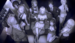 Rule 34 | 10s, 4boys, 6+girls, absurdres, adjusting collar, ahoge, alcohol, arato hisako, armchair, ass, back, bar (place), bare back, bare shoulders, bottle, bow, bowtie, braid, breast hold, breasts, chair, choker, cleavage, closed eyes, closed mouth, collarbone, cousins, crop top, crossed arms, crossed legs, cup, cupping glass, detached sleeves, dress, drinking glass, elbow gloves, formal, frilled sleeves, frills, from above, gloves, grin, hair ornament, hair over shoulder, hair scrunchie, hairclip, halterneck, hand in pocket, hands in pockets, hayama akira, high heels, highres, indoors, jacket, jewelry, kurokiba ryou, leaning to the side, long hair, long sleeves, low ponytail, mito ikumi, monochrome, multiple boys, multiple girls, nakiri alice, nakiri erina, necklace, necktie, off-shoulder dress, off shoulder, on ground, pants, pendant, pouring, puffy short sleeves, puffy sleeves, ring, scar, scrunchie, shiomi jun, shokugeki no souma, short dress, short hair, short sleeves, sideboob, sitting, sleeveless, sleeveless dress, smile, standing, striped necktie, striped neckwear, suit, tadokoro megumi, takumi aldini, tiara, traditional bowtie, twin braids, twintails, vest, waitress, wariza, wine, wine bottle, wine glass, yukihira souma, yykuaixian