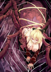 Rule 34 | 1girl, :3, arachne, arthropod girl, ass, bare shoulders, black bow, blonde hair, bow, breasts, cleavage, detached sleeves, ging1993, hair between eyes, hair bow, highres, insect girl, kurodani yamame, large breasts, light smile, looking at viewer, monster girl, ponytail, red eyes, silk, solo, spider girl, spider web, taur, touhou