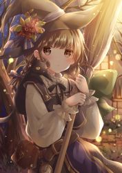 Rule 34 | 1girl, :&lt;, animal, animal on shoulder, arms up, autumn, bare tree, belt, belt pouch, black cat, black skirt, black vest, broom, brown eyes, brown hair, cat, cat on shoulder, commentary request, flower, hair ribbon, halloween, hat, hat flower, hat ribbon, highres, holding, holding broom, hoshiibara mato, house, light frown, light particles, long sleeves, looking at viewer, low twintails, night, original, outdoors, pocket watch, pouch, ribbon, shirt, skirt, sky, sleeve cuffs, solo, star (sky), star (symbol), starry sky, tree, tress ribbon, twintails, vest, watch, white shirt, witch hat