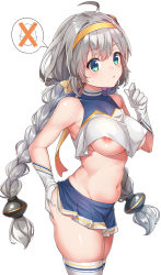Rule 34 | 1girl, ahoge, aqua eyes, armpits, ass grab, bare shoulders, blue skirt, braid, breasts, cowboy shot, crop top, crop top overhang, gloves, grey hair, groin, hairband, hand on own ass, hand up, highres, kizuna akari, konnyaku (kk-monmon), large breasts, long hair, looking at viewer, microskirt, midriff, navel, nipples, no bra, pleated skirt, plump, revealing clothes, shirt, simple background, skindentation, skirt, sleeveless, sleeveless shirt, solo, spoken object, standing, stomach, sweatdrop, thighhighs, thighs, twin braids, twintails, underboob, very long hair, vocaloid, voiceroid, weight conscious, white background, white gloves, white shirt, white thighhighs, zettai ryouiki