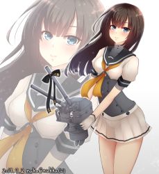 Rule 34 | 1girl, akizuki (kancolle), alternate hairstyle, artist name, black hair, blue eyes, blush, chou-10cm-hou-chan, clothes writing, dated, gloves, hair down, highres, kantai collection, long hair, looking at viewer, md5 mismatch, miniskirt, neckerchief, nuka (nvkka), one-hour drawing challenge, pleated skirt, resolution mismatch, sailor collar, school uniform, serafuku, skirt, smile, solo, source smaller, twitter username, white gloves, white skirt, yellow neckerchief, zoom layer