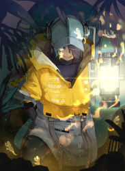 Rule 34 | 1girl, arknights, asbestos (arknights), baseball cap, black bodysuit, blue hair, blue hat, bodysuit, bodysuit under clothes, closed mouth, clothes writing, commentary, cowboy shot, english text, eyepatch, glowing, green eyes, grin, hair between eyes, hair over one eye, hand on own hip, hat, headphones, holding, holding lantern, jacket, lantern, light particles, looking at viewer, mannouyakunta, medical eyepatch, partially unzipped, sharp teeth, short hair, smile, solo, teeth, yellow jacket