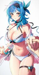 Rule 34 | 1girl, bikini, black hairband, blue hair, bracelet, breasts, cleavage, commentary, cowboy shot, criss-cross halter, eula (genshin impact), front-tie bikini top, front-tie top, genshin impact, grey background, hair ornament, hairband, halterneck, highres, holding hands, jewelry, large breasts, looking at viewer, medium hair, navel, parted lips, reaching, reaching towards viewer, see-through, see-through shirt, shibuki kamone, side-tie bikini bottom, sidelocks, simple background, solo focus, stomach, swimsuit, thigh strap, white bikini, yellow eyes