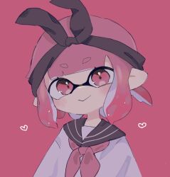 Rule 34 | 1girl, black bow, black hairband, bow, bow hairband, closed mouth, commentary request, eyebrows hidden by hair, hair bow, hairband, heart, highres, inkling, inkling girl, inkling player character, koke (banburu be x), looking at viewer, medium hair, nintendo, pink background, pink eyes, pink hair, pointy ears, sailor collar, sailor shirt, shirt, simple background, smile, solo, splatoon (series), tentacle hair, upper body