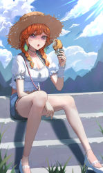 Rule 34 | 1girl, :o, absurdres, arm between breasts, between breasts, blue sky, blush, braid, breasts, chicken (food), chicken leg, choker, cloud, food request, green hair, hat, high heels, highres, hololive, hololive english, looking at viewer, medium breasts, mountainous horizon, multicolored hair, orange hair, purple eyes, shirt, sitting, sitting on stairs, sky, solo, stairs, straw hat, takanashi kiara, takanashi kiara (casual), twin braids, virtual youtuber, wei hua (vlad 3), white shirt, wristband