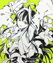 Rule 34 | 10s, 1girl, ahoge, alternate eye color, armpits, arms up, bare shoulders, detached sleeves, flower, green background, green eyes, hairband, kantai collection, kongou (kancolle), lily (flower), long hair, marker (medium), monochrome, nontraditional miko, simple background, smile, solo, spot color, traditional media, tsurukame