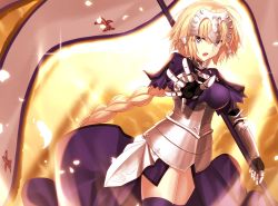 Rule 34 | 1girl, armor, armored dress, blonde hair, braid, breasts, fate/apocrypha, fate/grand order, fate (series), gauntlets, headpiece, jeanne d&#039;arc (fate), jeanne d&#039;arc (ruler) (fate), large breasts, long braid, long hair, looking at viewer, minamina, open mouth, purple eyes, single braid, solo, standard bearer, thighhighs, thighs