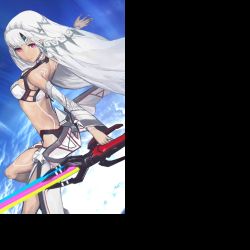 Rule 34 | 1girl, altera (fate), bare shoulders, blue background, breasts, choker, closed mouth, dark-skinned female, dark skin, detached sleeves, fate/grand order, fate (series), feet out of frame, full-body tattoo, head tilt, headdress, holding, holding weapon, huke, midriff, photon ray (fate), red eyes, revealing clothes, short hair, showgirl skirt, skirt, small breasts, smile, sword, tan, tattoo, thighs, veil, weapon, white skirt