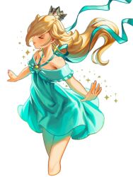 Rule 34 | 1girl, aqua dress, aqua ribbon, artist name, bare shoulders, blonde hair, blush, brooch, closed eyes, closed mouth, collarbone, commentary, cropped legs, crown, dated, dress, earrings, english commentary, eyelashes, floating, hair over one eye, highres, jewelry, lips, long hair, mario (series), mini crown, nintendo, nonana (galaxycat89p13), off-shoulder dress, off shoulder, one eye covered, outstretched arms, parted bangs, ribbon, rosalina, short dress, sidelocks, signature, simple background, smile, solo, sparkle, spread arms, star (symbol), star brooch, star earrings, swept bangs, white background, wind