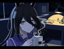 1girl ahoge bags_under_eyes black_hair book closed_mouth coffee coffee_mug cup desk desk_lamp ear_tag earrings expressionless hair_between_eyes highres holding holding_cup indoors jewelry lamp long_bangs long_hair long_hair_between_eyes looking_at_viewer manhattan_cafe_(umamusume) mug multicolored_hair night night_sky open_book paper purple_sailor_collar purple_shirt sailor_collar school_uniform shirt single_earring sky solo subaratowa thighhighs tracen_school_uniform umamusume white_hair yellow_eyes