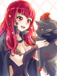 Rule 34 | 1girl, black bodysuit, black cloak, bodysuit, breasts, choker, clear glass (mildmild1311), cleavage, cloak, closed eyes, creatures (company), crossover, facial mark, fire emblem, fire emblem engage, game freak, gen 5 pokemon, hair ornament, highres, long hair, looking at another, medium breasts, nintendo, open mouth, pink choker, pokemon, red eyes, red hair, smile, star (symbol), star facial mark, star hair ornament, tearing up, white background, yunaka (fire emblem), zorua