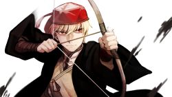 Rule 34 | 1boy, arrow (projectile), bad id, bad pixiv id, blonde hair, bow (weapon), drawing bow, fate/stay night, fate (series), gilgamesh (fate), hat, highres, holding bow (weapon), jisue10, male focus, red eyes, solo, weapon, white background