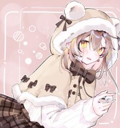 Rule 34 | 1girl, animal hood, bear hood, berry, blush, brown capelet, brown skirt, capelet, crossed bangs, earrings, fingernails, food-themed earrings, fur trim, highres, hololive, hololive english, hood, hood up, jewelry, long hair, looking at viewer, multicolored hair, nakonako3324, nanashi mumei, nanashi mumei (casual), official alternate costume, plaid, plaid skirt, pom pom (clothes), ribbon, simple background, skirt, sleeves past wrists, smile, streaked hair, sweater, virtual youtuber, white sweater, yellow eyes