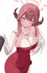 Rule 34 | 1girl, absurdres, aru (blue archive), bare shoulders, blue archive, blush, breasts, cleavage, closed mouth, collarbone, demon horns, dress, earrings, genjitsu pirika, gloves, halo, highres, horns, jewelry, large breasts, long hair, looking at viewer, necklace, red dress, red hair, red halo, shirt grab, solo, strapless, strapless dress, sweatdrop, tears, white gloves, yellow eyes