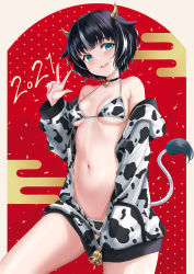 Rule 34 | 1girl, 2021, :d, absurdres, animal ears, animal print, arm up, bare shoulders, bell, bikini, black hair, blue eyes, breasts, collar, collarbone, cow ears, cow girl, cow print, cow tail, cowboy shot, dress, egasumi, highres, horns, jacket, long hoodie, long sleeves, looking at viewer, medium breasts, mixed-language commentary, multicolored hair, navel, neck bell, off shoulder, open mouth, original, rama (yu-light8), red background, short hair, simple background, single horn, smile, solo, stomach, streaked hair, swimsuit, tail, two-tone hair, w, white background, white hair