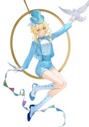 Rule 34 | 1girl, alternate costume, animal, animal on head, argyle clothes, argyle socks, arm up, bird, bird on hand, blonde hair, blue bow, blue bowtie, blue footwear, blue hat, blue jacket, blue shorts, bow, bowtie, breasts, card in hat, chestnut mouth, crossed bangs, dove, formal, genshin impact, gloves, hat, highres, holding, holding wand, jacket, kneehighs, legs up, long sleeves, looking at viewer, lumine (genshin impact), magician, medium breasts, on head, outstretched arms, pennant, rabbit, short hair with long locks, short shorts, shorts, sidelocks, simple background, socks, solo, string of flags, suit, teeth, top hat, two-tone footwear, upper teeth only, wand, white background, white footwear, white gloves, white socks, white suit, yaner 10, yellow eyes