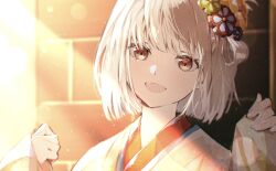 Rule 34 | 1girl, blonde hair, blunt bangs, bob cut, commentary request, hair ornament, highres, japanese clothes, kuuu ilst, long sleeves, looking at viewer, lycoris recoil, nishikigi chisato, open mouth, orange eyes, portrait, short hair, solo