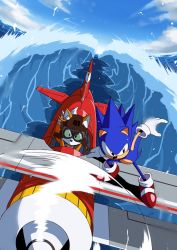 Rule 34 | 2boys, aircraft, airplane, banel springer, blue hair, cloud, ears through headwear, flying, gloves, goggles, highres, male focus, multiple boys, ocean, propeller, shoes, sky, sonic (series), sonic the hedgehog, sonic the hedgehog (classic), sonic the hedgehog 3, spiked hair, tagme, tail, tails (sonic), water