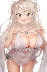 Rule 34 | 1girl, blonde hair, blush, breasts, brown eyes, cleavage, collarbone, conte di cavour (kancolle), cosplay, cowboy shot, earrings, highres, jewelry, kantai collection, large breasts, long hair, o-ring, o-ring swimsuit, one-piece swimsuit, open mouth, petite, sagiri (kancolle), sagiri (kancolle) (cosplay), simple background, smile, solo, swimsuit, toka (marchlizard), two side up, white background, white one-piece swimsuit