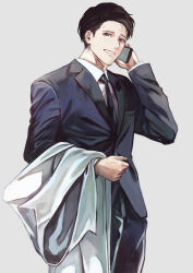 Rule 34 | 1boy, black hair, black necktie, black suit, coat, forehead, formal, highres, holding, holding phone, idolmaster, idolmaster shiny colors, looking at viewer, male focus, mole, mole on forehead, necktie, otsudou, phone, producer (idolmaster), smile, solo, suit, white coat
