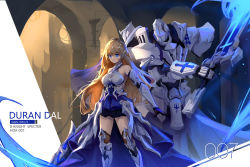 Rule 34 | 1girl, absurdres, armor, armored boots, armored dress, bare shoulders, bianka durandal ataegina, bianka durandal ataegina (bright knight: excelsis), blonde hair, blue eyes, boots, breasts, column, dress, gabafw, gauntlets, hair between eyes, hair ornament, highres, holding, holding lance, holding polearm, holding sword, holding weapon, honkai (series), honkai impact 3rd, knight, lance, looking at viewer, pillar, polearm, sleeveless, sleeveless dress, solo, sword, thigh strap, weapon