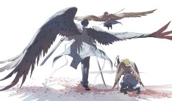 Rule 34 | 1girl, 2boys, absurdres, bird wings, black footwear, black hair, black kimono, black pants, black wings, blonde hair, blood on ground, brown hair, brown wings, feathered wings, flying, full body, highres, holding, holding sheath, japanese clothes, kimono, kneeling, limbus company, long sleeves, maratang, multiple boys, outis (project moon), pants, project moon, sheath, shoes, simple background, sinclair (project moon), sword, weapon, white background, wings, yi sang (project moon)