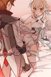 Rule 34 | 1boy, 1girl, bare shoulders, blonde hair, blush, breasts, cape, cleavage, feather hair ornament, feathers, flower, furrowed brow, gauntlets, genshin impact, gloves, hair between eyes, feather hair ornament, hair flower, hair ornament, long sleeves, looking at another, lumine (genshin impact), on bed, orange hair, rome romedo, sexually suggestive, short hair, sweatdrop, tartaglia (genshin impact), yellow eyes
