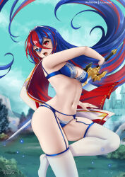 Rule 34 | 1girl, alear (female) (fire emblem), alear (fire emblem), bare arms, bare shoulders, blue bra, blue eyes, blue hair, blue panties, blue sky, bra, commentary, day, fire emblem, fire emblem engage, heterochromia, highres, holding, holding sword, holding weapon, liberation (fire emblem), long hair, multicolored hair, nintendo, open mouth, outdoors, panties, red eyes, red hair, ryuuneart, sky, solo, split-color hair, sword, thighhighs, underwear, underwear only, very long hair, weapon, white thighhighs