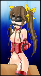 Rule 34 | 10s, 1girl, ball gag, bdsm, blindfold, bondage, bound, breasts, brown hair, collar, corset, cyber (cyber knight), elbow gloves, female focus, gag, gloves, huang lingyin, infinite stratos, long hair, nipple piercing, nipples, piercing, pussy, pussy juice, slave, solo, tears, thighhighs, twintails, uncensored, wooden horse