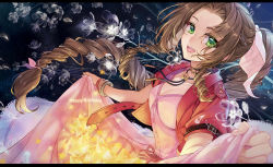 1girl :d aerith_gainsborough black_ribbon bow bracelet breasts brown_hair cat_princess cleavage dress final_fantasy final_fantasy_vii floating_hair green_eyes hair_bow hair_intakes happy_birthday jacket jewelry long_dress long_hair looking_at_viewer medium_breasts neck_ribbon open_clothes open_jacket open_mouth pink_bow pink_dress ponytail red_jacket ribbon short_sleeves skirt_hold smile solo square_enix very_long_hair