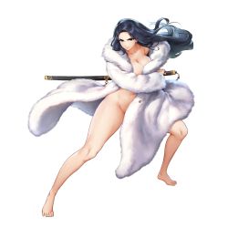 Rule 34 | 1girl, barefoot, blue eyes, breasts, coat, fighting stance, floating clothes, floating hair, full body, fur coat, game cg, highres, holding, holding sword, holding weapon, invincible dragon (last origin), kakiman, katana, large breasts, last origin, long hair, long sleeves, naked coat, official art, serious, sheath, sheathed, simple background, solo, sword, transparent background, weapon