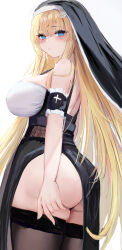 Rule 34 | 1girl, :/, absurdres, arm at side, arm garter, ass, ass support, black dress, black thighhighs, blonde hair, blue eyes, blush, breasts, bright pupils, closed mouth, coif, commentary request, cross, dress, fingernails, from side, hair between eyes, hair ornament, hairclip, hand on own ass, highres, large breasts, long fingernails, long hair, looking at viewer, lshiki, nun, original, side slit, simple background, solo, thighhighs, turning head, very long hair, white background, white pupils