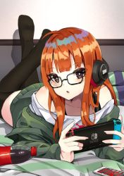 Rule 34 | 1girl, absurdres, ahoge, bed sheet, black thighhighs, blunt bangs, brown eyes, cappu, cellphone, chestnut mouth, feet up, glasses, green jacket, handheld game console, headphones, highres, holding, holding handheld game console, jacket, long hair, looking at viewer, lying, nintendo switch, no shoes, off-shoulder shirt, off shoulder, on stomach, orange hair, parted lips, persona, persona 5, phone, sakura futaba, shirt, smartphone, soda bottle, soles, solo, the pose, thighhighs