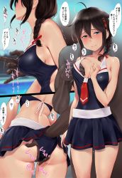 Rule 34 | 1boy, 1girl, adapted costume, bikini, bikini skirt, black one-piece swimsuit, blue eyes, blush, braid, breasts, brown hair, closed mouth, clothes lift, fingering, hair between eyes, hair flaps, hetero, highres, interracial, kantai collection, large breasts, long hair, one-piece swimsuit, shigure (kancolle), single braid, skirt, skirt lift, speech bubble, swimsuit, translation request, wa (genryusui)