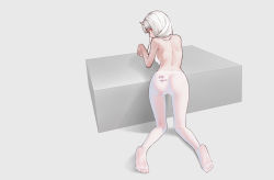 Rule 34 | 1girl, absurdres, ass, chun&#039;ai zhanshen milili, feet, from behind, full body, grey background, highres, horns, kneeling, looking at viewer, looking back, no shoes, original, pantyhose, parted lips, red eyes, simple background, soles, solo, topless, white hair, white pantyhose