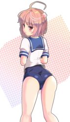Rule 34 | 10s, 1girl, ahoge, ass, blush, brown hair, from behind, hair ornament, i-58 (kancolle), kantai collection, looking back, one-piece swimsuit, personification, red eyes, school swimsuit, school uniform, serafuku, short hair, solo, swimsuit, swimsuit under clothes, windfeathers