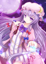 Rule 34 | 1girl, book, crescent, dress, energy ball, female focus, full moon, hair ribbon, hat, moon, night, outdoors, patchouli knowledge, pink dress, purple eyes, purple hair, ribbon, sky, solo, striped clothes, striped dress, tengeiji, touhou, wristband