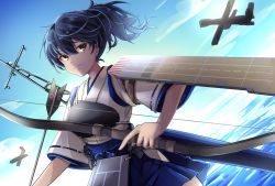 Rule 34 | 1girl, aircraft, airplane, bad id, bad pixiv id, black hair, blue hakama, blue sky, bow (weapon), brown eyes, closed mouth, cloud, commentary request, cowboy shot, day, flight deck, hakama, highres, holding, japanese clothes, kaga (kancolle), kantai collection, kimono, long hair, military, military vehicle, muneate, ocean, side ponytail, sky, solo, sunlight, utsurogi noneko, weapon, white kimono