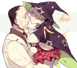 Rule 34 | 1boy, 1girl, age difference, bad id, bad pixiv id, cape, child, couple, earrings, closed eyes, facial hair, forehead, gears (scp), hat, hetero, holding, jewelry, jotman, kiss, kurogomu, lab coat, looking at another, necktie, kissing nose, parted lips, scp-239, scp foundation, short hair, size difference, skirt, star (symbol), witch hat