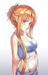 Rule 34 | 1girl, absurdres, arm behind back, asuna (sao), braid, breasts, brown hair, cleavage, crop top, french braid, gradient background, grey background, highres, long hair, medium breasts, navel, nonoa-cg, orange hair, parted lips, shiny skin, sidelocks, skirt, solo, standing, stomach, sword art online, very long hair, white background, white skirt